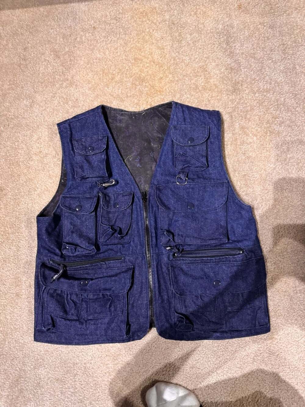 Vintage Helly Hansen Multi-Pocket Denim Tactical Fishing Vest with Floral Lining